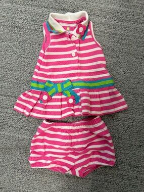Florence Eiseman Pink and White Striped Girls Set with Floral Detail
